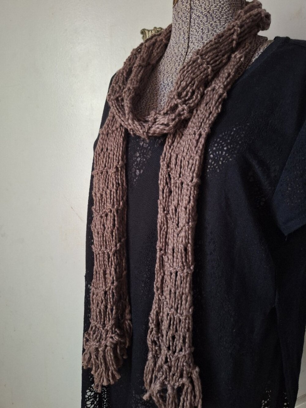 Organic Cotton Hand Knit Scarf Brown One-of-a-kind